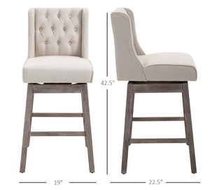 lot 27 image: HOMCOM Bar Height Bar Stools Set of 2, 180 Degree Swivel Barstools with Solid Wood Footrests and Button Tufted Design, 30 Seat Height Bar Chairs for Kitchen Island, Beige