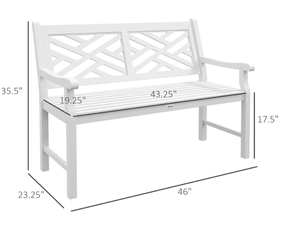 lot 53 image: Outsunny Outdoor Garden Bench, Wooden Frame Patio Bench with Geometric Pattern, 43.25 Inch Weatherproof 2-Person Love Seat for Garden, Lawn, Porch, Yard, Work Entryway, White (Missing Hardware)