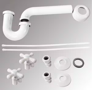 lot 99 image: Westbrass Freestanding Pedestal Sink Kit with 20 in. Supply Lines, P-Trap and Cross Handle Angle Stops, Powder Coat White