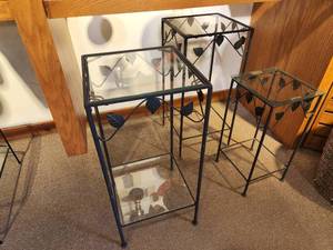 lot 1087 image: Lot of (3) Glass Top  Metal Frame End Tables (2) 12-12x12-12x26 and (1) 10x10x20