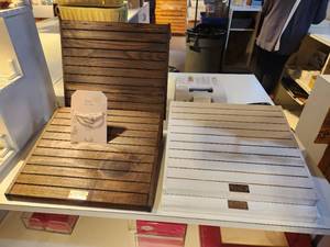 lot 1117 image: Lot of (4) Slotted Stained Wood Display Stands