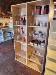 lot 1041 image: Light Natural Wood Shelving  Display Unit with (3) Wood Shelves and (3) Glass Shelves Each Side 44 12 x 14 12 x 78