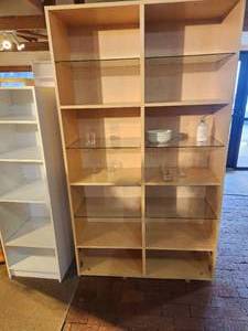 lot 1042 image: Light Natural Wood Shelving  Display Unit with (3) Wood Shelves and (3) Glass Shelves Each Side 44 12 x 14 12 x 78
