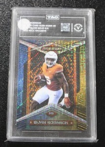 lot 39 image: 2023 Wild Card Alumination NSCC Exclusive Blue Yellow Mojo Bijan Robinson Rookie Card 24  Only 4 Exist