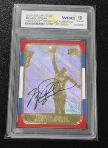 lot 41 image: 1998 Fleer 23KT Gold 1986 Rookie Prism Holo Refractor Signature Series Michael Jordan WCG 10