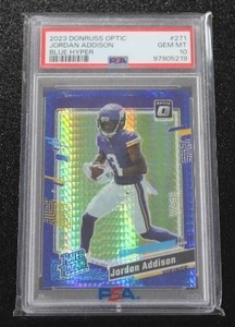 lot 77 image: 2023 Donruss Optic Blue Hyper Jordan Addison #271 PSA 10
