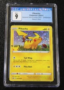lot 162 image: 2021 Pokemon General Mills Promos Pikachu Sequin Holo #SWSH039 CGC 9
