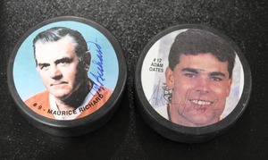lot 185 image: Adam Oates & Maurice Richard Autograph Photo Puck Lot  2 Autograph Pucks