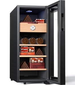 lot 96 image: KingChii 33L Cigar Humidors Temp Control Cabinet with Spanish Cedar Wood $269.99 Retail - Brand New