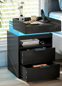lot 138 image: Black LED Nightstand with Charging Station $129.99 Retail - Brand New