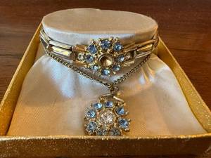 Vintage Blue Rhinestone Bracelet Necklace Set Silvertone Missing Stone