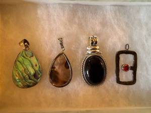 Lot of 4 Stone & Shell Pendants Abalone Black Cabochon Silver Tone