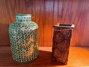 Decorative Vase Lot Mosaic Glass & Textured Pottery Tabletop Vases
