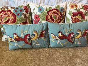 Set of 5 Embroidered Throw Pillows Floral Bird Accent Cushions