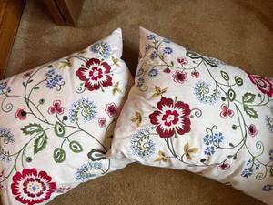 Pair Embroidered Floral Throw Pillows Ivory Multicolor Accent Decor