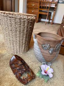 Eclectic Decor Lot Owl Pottery Basket Wood Mask Faux Hibiscus