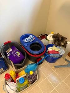 Mixed Cleaning Supply Lot Spin Mop Buckets Dusters Cloths Swiffer