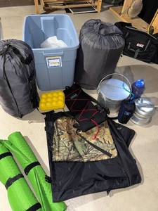 Camping Gear Lot Sleeping Bags Pads Cook Kit Platypus Hydration