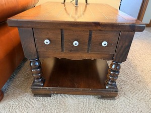 Pair of Rustic Wood End Tables- 3 Drawer Turned Leg Accent Side Table Good