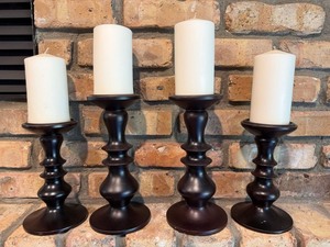 Set of 4 Turned Wood Pillar Candle Holders Dark Finish 2 Sizes