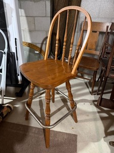 Three Windsor Style Wood Bar Stools Hoop Back Turned Legs Metal Footrest