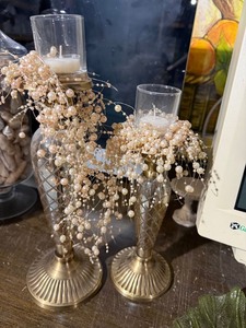 Pair Brass Tone Glass Hurricane Candle Holders w Pearl Garland Decor