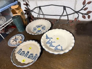 Art Pottery Stoneware Bowls & Wall Plaque Blue Gray Folk Decor Lot