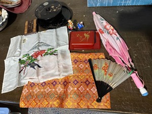 Antique WW2 Era Japanese Decor Lot Lacquer Fan Parasol Textile Figurines Box
