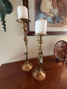 Pair Brass Tone Pillar Candle Holders Beaded Accents 21in Good