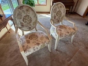 Pair Oval Back Upholstered Host Chairs Floral Fabric Cream Finish