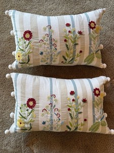 Set of 2 Floral Embroidered Accent Throw Pillows Striped Pom Trim