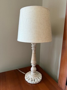 Carved Whitewashed Table Lamp w Linen Drum Shade 20in Traditional