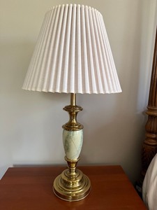 Brass Tone Table Lamp w Pleated Shade Faux Marble Column 30in