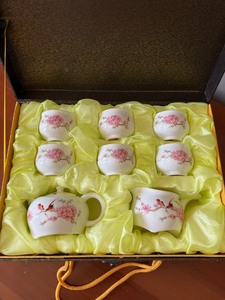 Chinese Porcelain Tea Set w 6 Cups Teapot Creamer Boxed Floral Bird