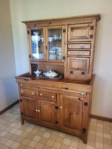 Oak China Cabinet Hutch with Glass Doors, 4 Drawers & Side Cabinet - Vintage