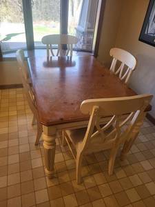 Wood Dining Table Set with 6 Cream Chairs - 54 x 38 x 31 in - Easily recover the chair seats - currently have two different upholsties