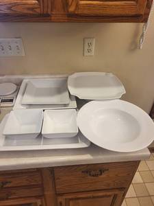 White Ceramic Bowls & Tray Set - Square & Rectangular Dishes