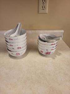 ZM Brand Porcelain Bowl Set with Spoons - Floral PinkBlue Pattern, Gold Rim