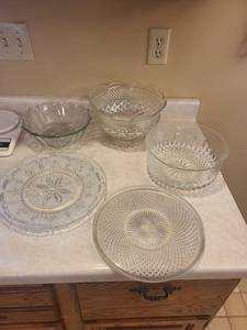 Crystal Glassware Assortment - Cut Diamond Pattern Bowls & Plates