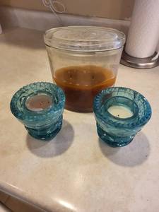Teal Blue Glass Beaded Rim Hurricane Candle Holder