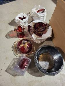 F.B. Rogers Silversmiths 1182 Red Glass Crystal Set with Lids & Gold Trim