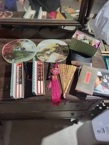 Two Floral Round Chinese Fans with Boxed Decorated Chopsticks & Cloisonn Vase