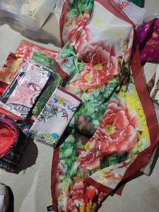 Assorted Chinese Silk Fabrics, Mongolian Text Scroll & Accessories - Floral Brocade & Embroidered Panels