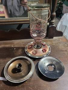 Vintage Glass Hummingbird Feeder - Copper Handle & Floral Base