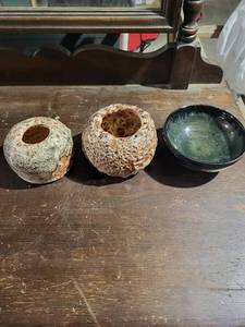 Ceramic Vessels Set 3 Pitted Globe Vases & Green-Glazed Bowl