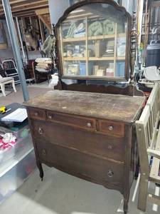 Antique Dark Wood Dresser with Arched Mirror