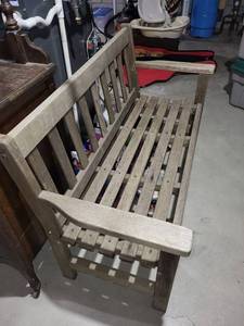 Weathered Wood Garden Bench with Slatted Seat and Armrests