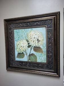 Hydrangea Floral Print in Ornate Dark Wood Frame with Gold Bead Detail