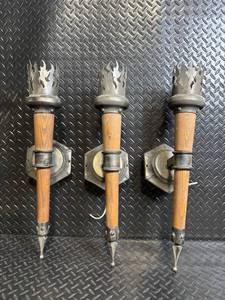 lot 88 image: Vintage Torch-Style Wall Sconces with Wood Handles - Set of 3