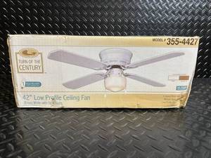 lot 104 image: Turn of the Century 42-inch Low Profile Ceiling Fan (Eros) White with Opal Light - Model 355-4427